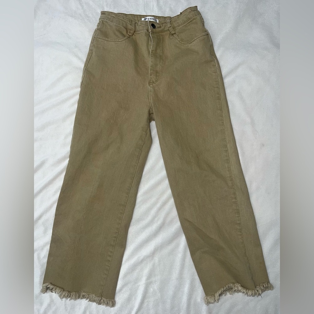 Wild Honey Tan Cropped Wide Leg Jeans With Raw Hems / Size Small